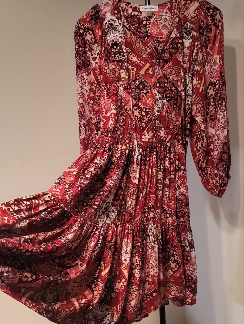 Calvin Klein Rust Red Floral Abstract Patterned Mid Sleeve Midi Dress